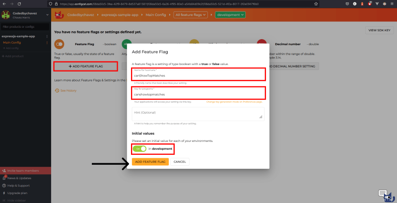 Snapshot of ConfigCat's dashboard - adding a feature flag