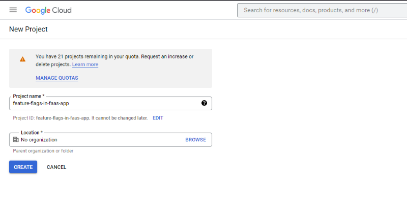 Creating a new project in Google