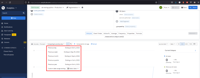 Snapshot of compare to past dropdown options