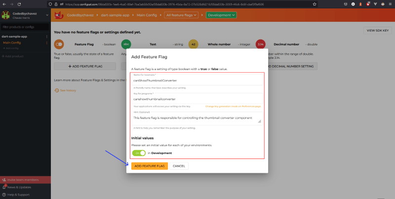 Screenshot of creating a feature flag