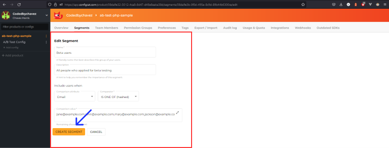 Screenshot of creating a new user segment