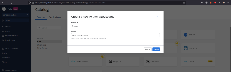 Snapshot of details for creating a new browser SDK source