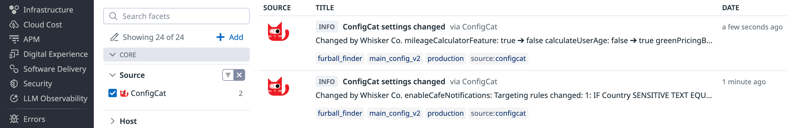 Feature flag events logged to Datadog