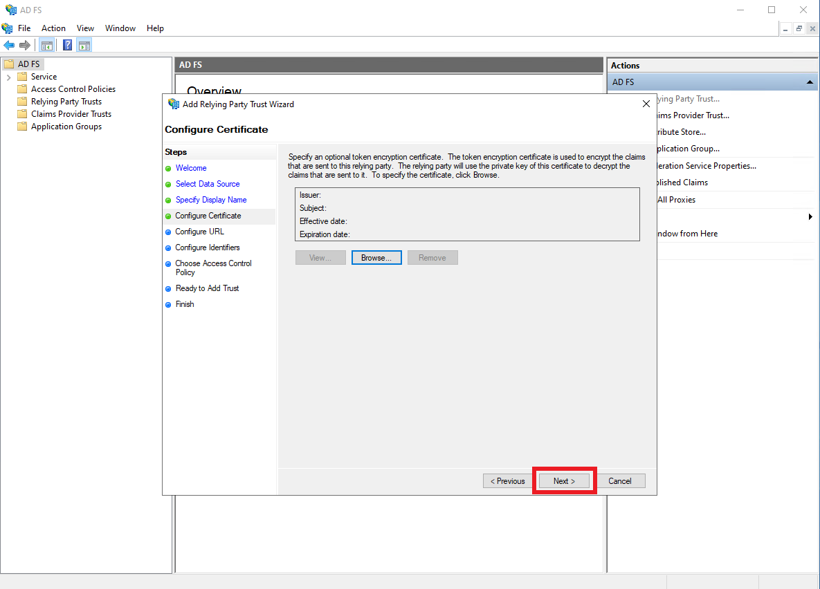 ADFS certificate configuration