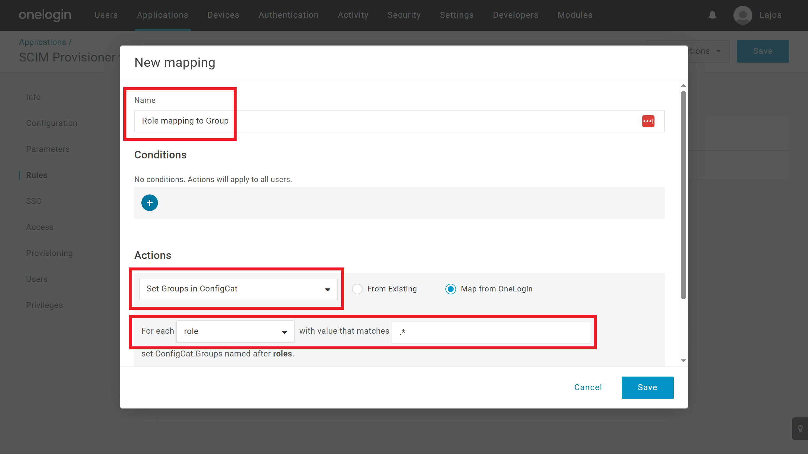 OneLogin group mapping rule
