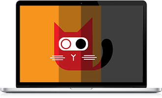 Laptop with an image of ConfigCat logo. Sliced to four parts from colorful to greyscale.